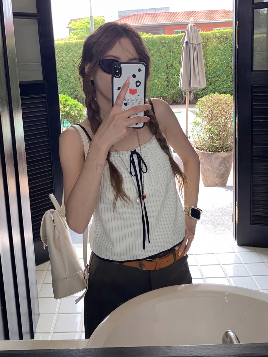 女士时尚系带撞色条纹露脐吊带背心,夏季休闲款 - 杏色 - 查看 1