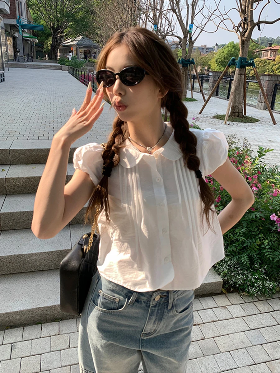 短袖翻领复古法式浪漫修身衬衫 白色 夏季 - 白色 - 查看 1