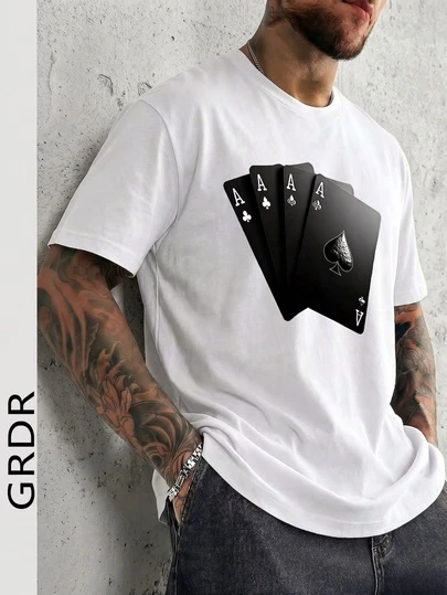  GRDR Plus Size Men's Black Minimalist Printed Round Neck Short Sleeve T-Shirt, Suitable For Summer Wear, Comfortable & Breathable, Leading Fashion