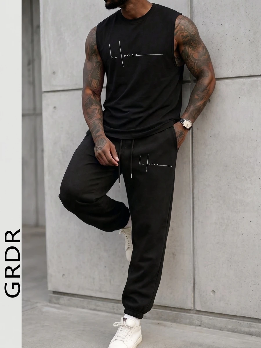 Bộ đồ nam GRDR gồm áo tank top cổ tròn và quần dài có dây rút - màu đen - Xem 1