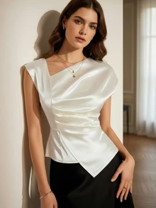 缎面斜纹绸优雅浪漫女士上衣，隐藏式双层缎面斜领女士派对礼服吊带背心婚礼 - 白色 - 查看 2