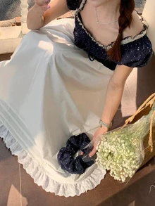 女士甜美花瓣袖波点蝴蝶结撞色蕾丝T恤 夏季休闲款 - 藏蓝色 - 查看 2