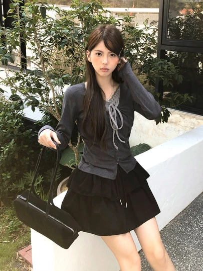 韩版女式荷叶边系带长袖T恤，百搭休闲春季款