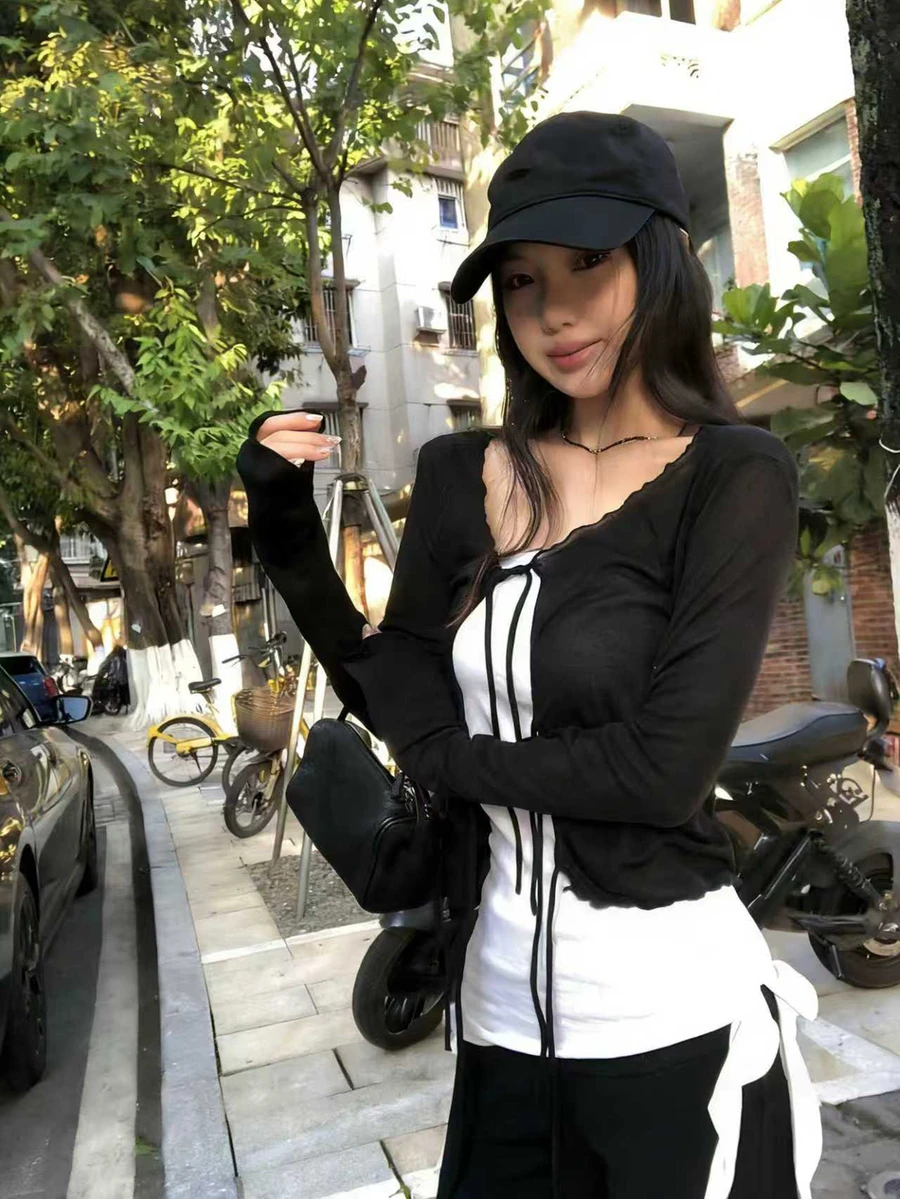 V-Neck Tie-Up Knit Cardigan For Women, Lightweight Loose Casual Short Jacket For Summer Black - Black - View 1