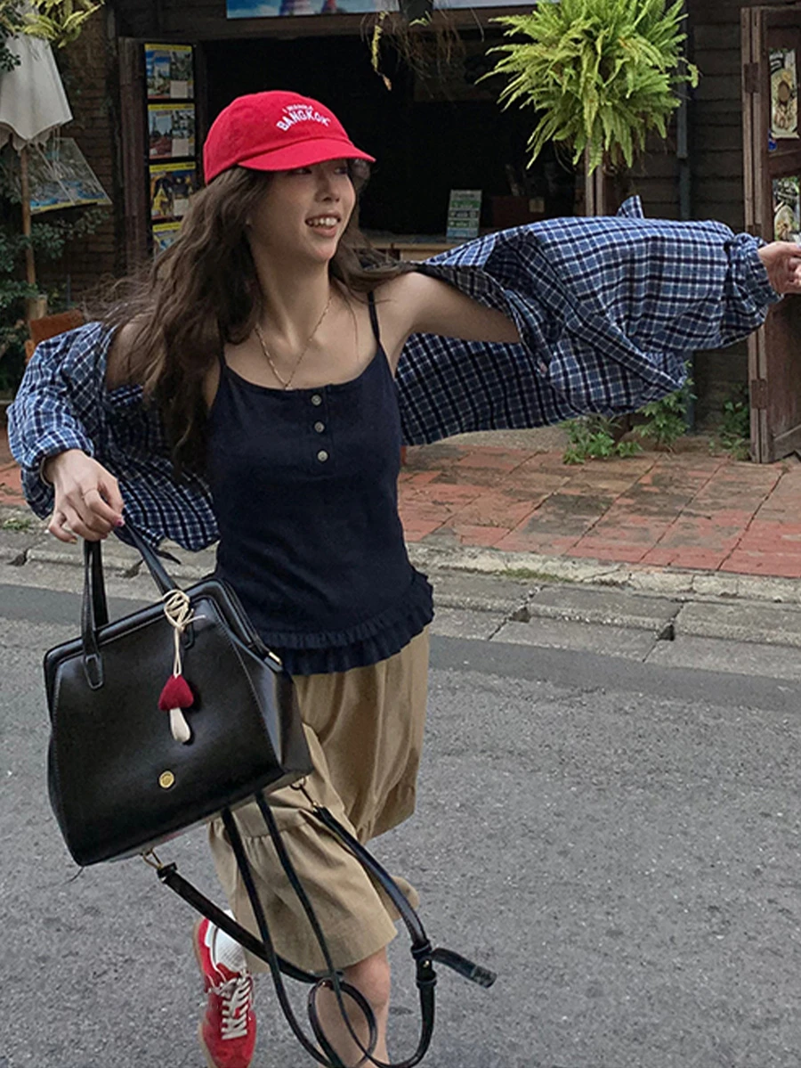 荷叶边吊带背心 2025 春夏新款修身小众无袖打底衫,女士可外穿休闲款 - 藏蓝色 - 查看 1