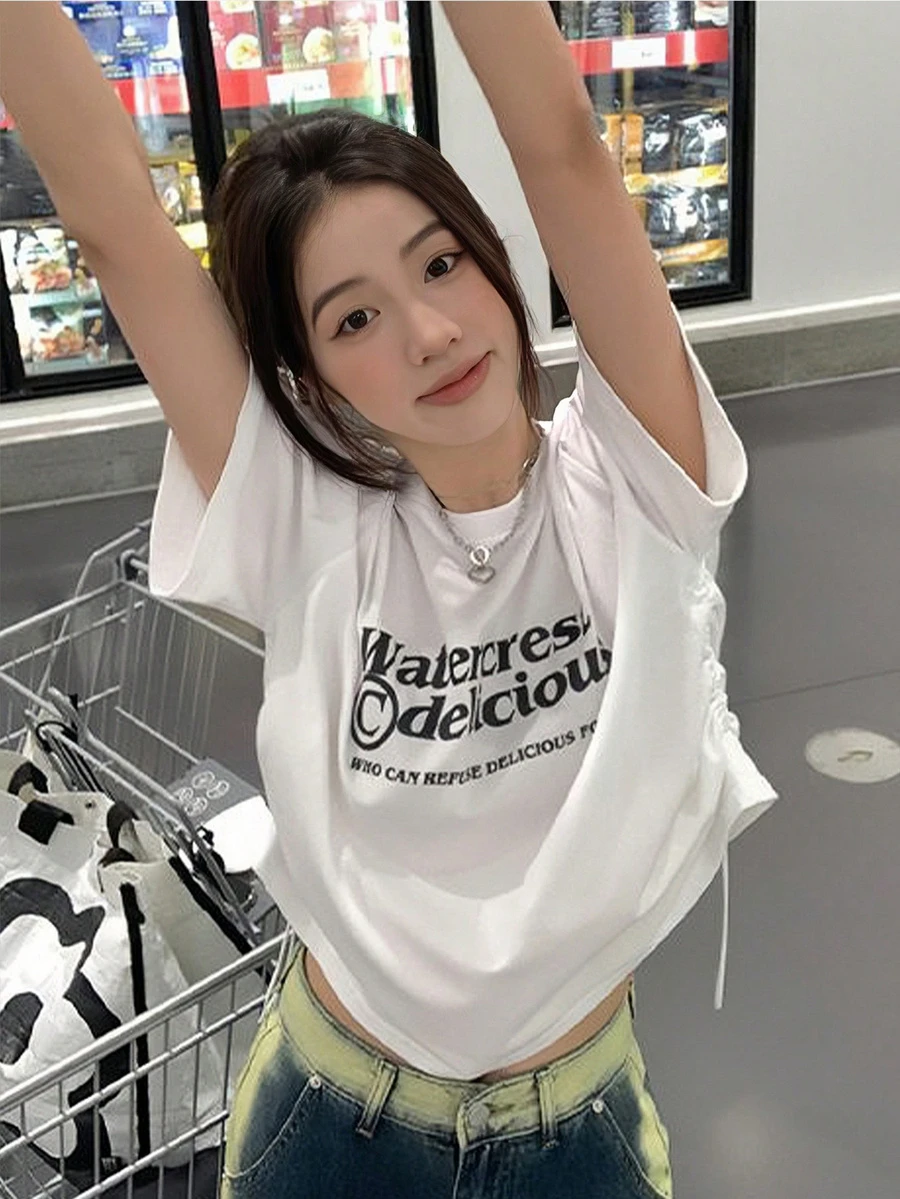 Women's Casual Basic Simple Letter Print Round Neck Short Sleeve T-Shirt White Summer - White - View 1