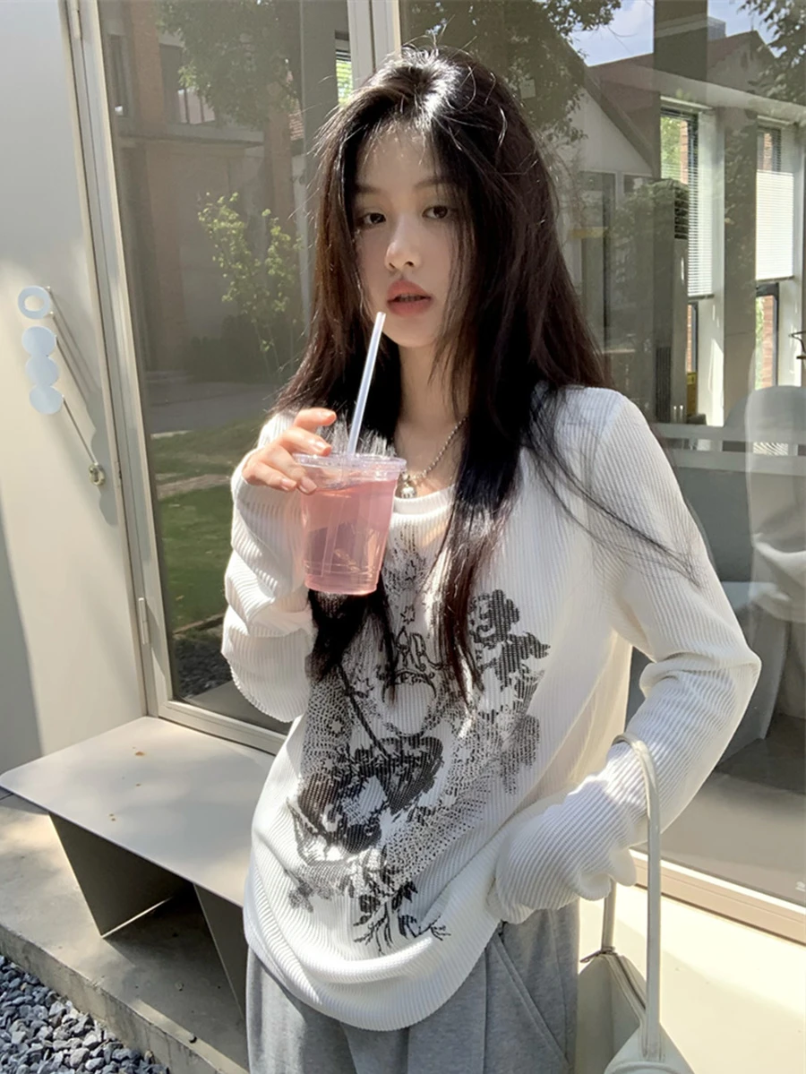 甜美休闲宽松天使圆领长袖T恤上衣 白色 春季 - 白色 - 查看 1