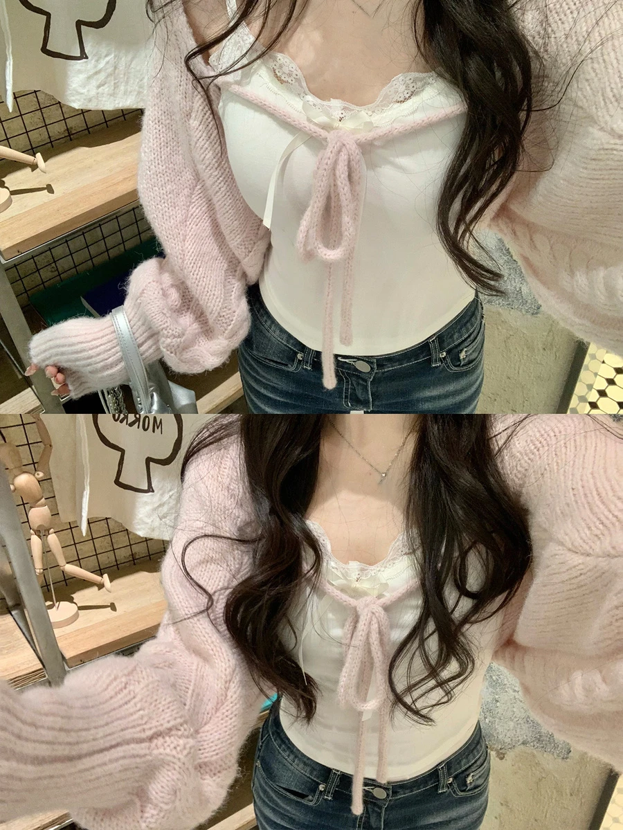 Cardigan Lengan Panjang Elegan Warna Polos Model Korea, Rajutan Lembut, dengan Ikatan Depan, Warna Pink untuk Musim Gugur - Berwarna merah muda - View 1