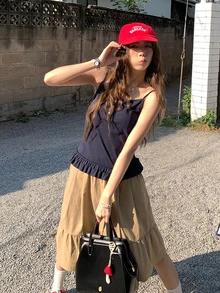 荷叶边吊带背心 2025 春夏新款修身小众无袖打底衫，女士可外穿休闲款 - 藏蓝色 - 查看 2