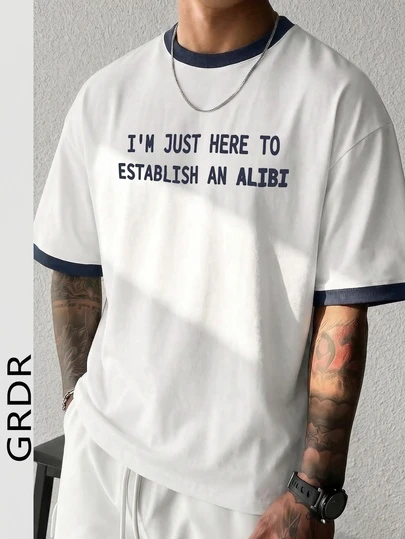  Camiseta Casual Masculina GRDR de Verão com Estampa de Letra, Gola Redonda, Contraste de Cor, 2 em 1, Manga Curta