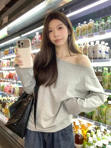 Áo thun dài tay trễ vai dáng rộng, thích hợp cho mùa xuân và hè, kiểu dáng thời trang và đa năng, thích hợp mặc nhiều lớp. - Xám - Xem 1