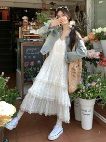 白色吊带连衣裙，度假风层叠荷叶边下摆连衣裙，休闲夏季优雅款 - 白色 - 查看 2