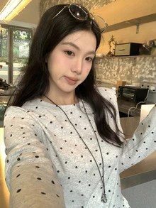 Korean Style Minimalist Sweet Polka Dot Round Neck Ruffle Hem Long Sleeve Top For Women Casual Spring - Grey - View 2