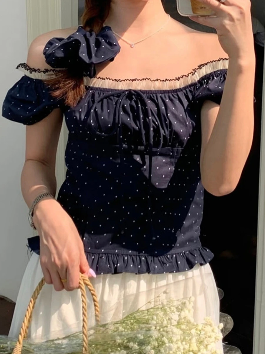女士甜美花瓣袖波点蝴蝶结撞色蕾丝T恤 夏季休闲款 - 藏蓝色 - 查看 1