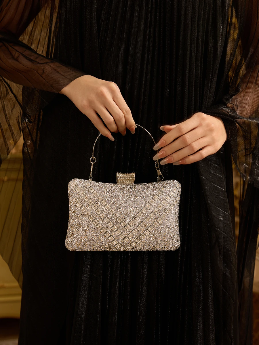 Farahzel Women's Shiny Rhinestone Decorated Evening Clutch Bag, Comes With Metal V-Shape Rhinestone Decor - Silver - View 1