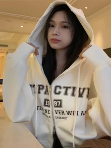 字母印花宽松百搭双向拉链抽绳卫衣，春季休闲款 - 杏色 - 查看 2