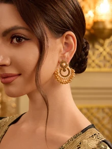 Farahzel 1pair Of Luxurious Exaggerated Vintage Bohemian Style Hollow Out Rhinestone Earrings, Perfect For Party, Women's Fashion Accessory - Gold - View 4