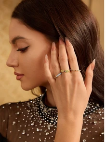 Farahzel 3pcs Colorful Floral Enamel, Zirconia & Crystal Decorated Ring Set, For Women Dating/Holiday Gift (Crystal Color Random) - Multicolor - View 6