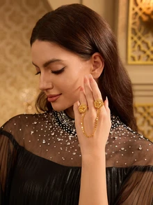 Farahzel 1pc Minimalist Versatile Gold-Plated All-Match Chain Flower Linked Finger Hand Chain, Suitable For Dates, Weddings, Parties, Holidays, Gift - Yellow Gold - View 3