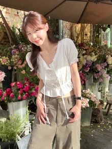 时尚短款系带短袖衬衫 白色夏季 - 白色 - 查看 2