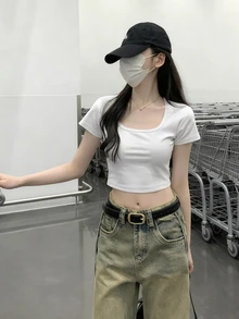 短款法式方领T恤，女士夏季短袖上衣，美式休闲白色 - 白色 - 查看 2