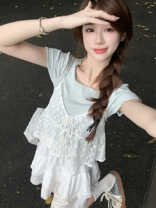 层叠蕾丝荷叶边吊带背心，休闲白色夏季款 - 白色 - 查看 2