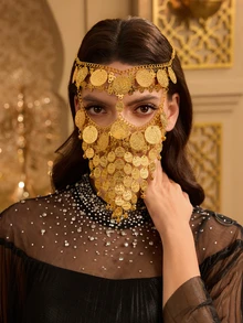 Farahzel 1 件优雅复古金色面纱，时尚空心硬币合金面纱带流苏，适用于化妆舞会、街头风格、夜总会、节日庆典、闪亮性感 - 金色 - 查看 1