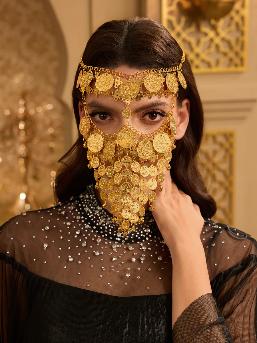 Farahzel 1 件优雅复古金色面纱,时尚空心硬币合金面纱带流苏,适用于化妆舞会、街头风格、夜总会、节日庆典、闪亮性感 - 金色 - 查看 1