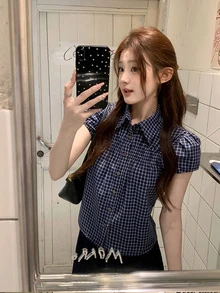 复古蓝色格子 Polo 领短袖衬衫 夏季 - 藍色 - 查看 1