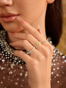 Farahzel 3pcs Colorful Floral Enamel, Zirconia & Crystal Decorated Ring Set, For Women Dating/Holiday Gift (Crystal Color Random) - Multicolor - View 5