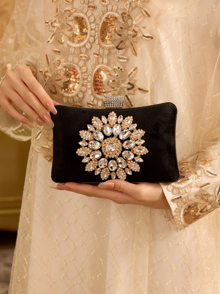 Farahzel Women's Glitzy Rhinestone Embellished Mini Evening Clutch Bag With Detachable Chain Strap - Black - View 1