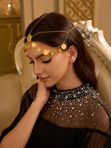 Farahzel 1件金色硬币流苏阿拉伯风格头链，女士珠宝配饰，适合派对、婚礼，可作为礼物送给她。 - 金色 - 查看 4
