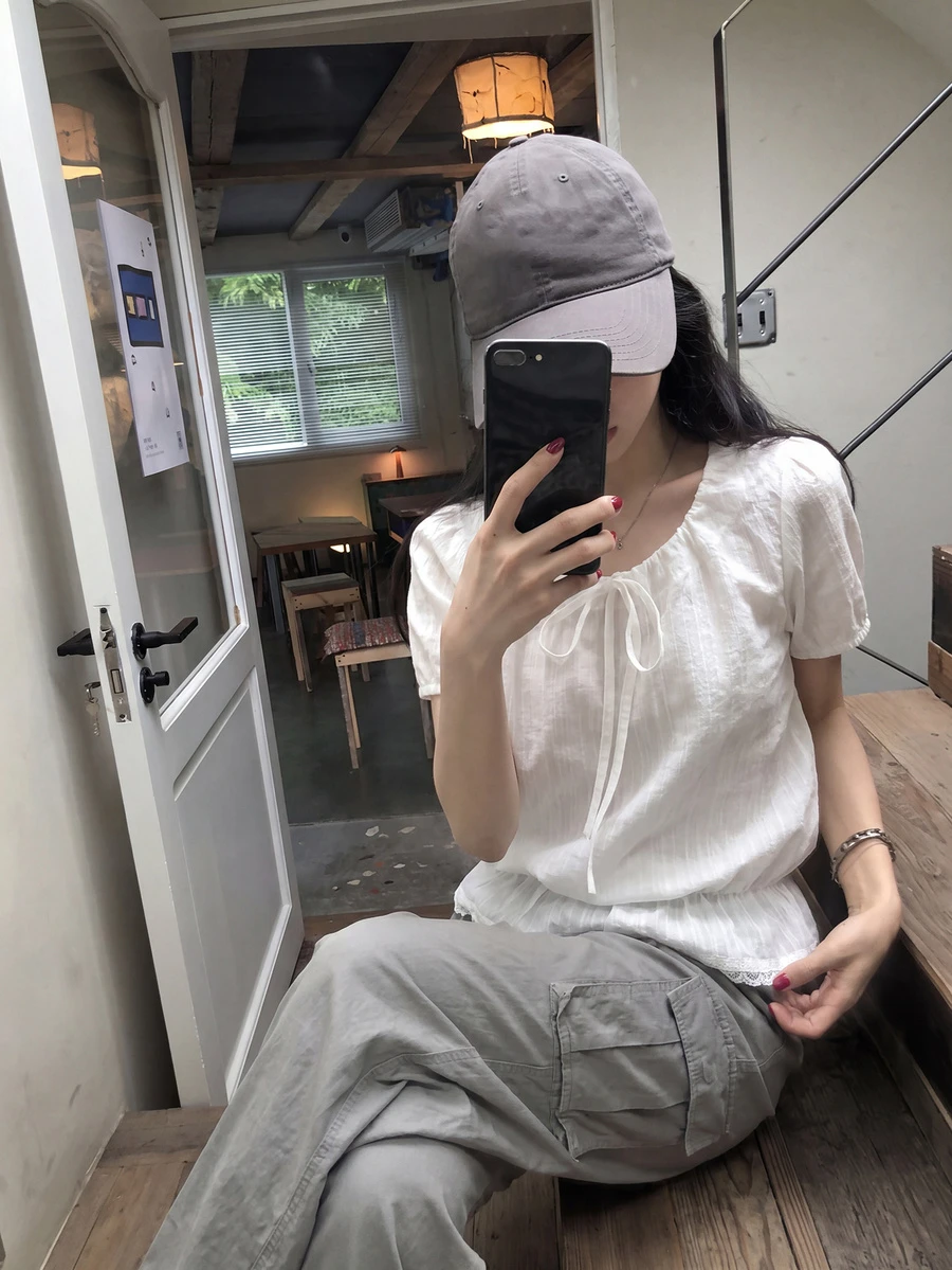 甜美褶皱纯色短袖女式衬衫,系带腰身荷叶边夏季上衣 白色 - 白色 - 查看 1