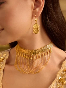Farahzel 4pcs/Set Fashion Personalized Banquet Minimalist Commute Elegant Tassel Necklace, Coin Retro Style Earrings, Bracelet Jewelry Set For Women - A - View 3