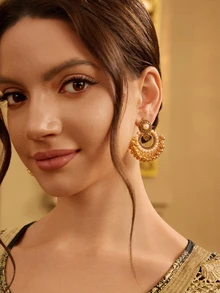 Farahzel 1pair Of Luxurious Exaggerated Vintage Bohemian Style Hollow Out Rhinestone Earrings, Perfect For Party, Women's Fashion Accessory - Gold - View 3