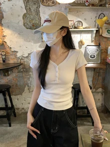 V领短袖T恤，美式设计，修身剪裁，简约百搭，休闲白色夏季款，尽显身材 - 白色 - 查看 1
