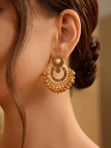 Farahzel 1pair Of Luxurious Exaggerated Vintage Bohemian Style Hollow Out Rhinestone Earrings, Perfect For Party, Women's Fashion Accessory - Gold - View 5