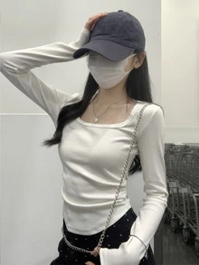 女士方领露脐短款T恤，褶皱设计修身短款露脐上衣 - 白色 - 查看 1