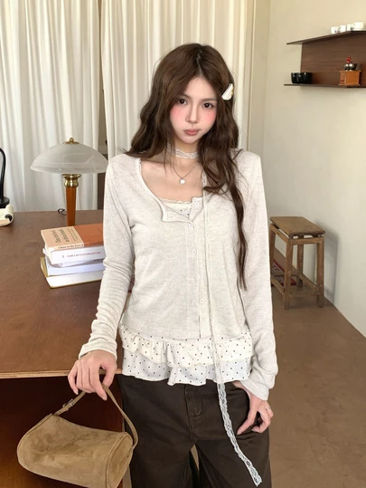 女士波点印花吊带背心和纯色开衫套装（2件套），秋季时尚春季款