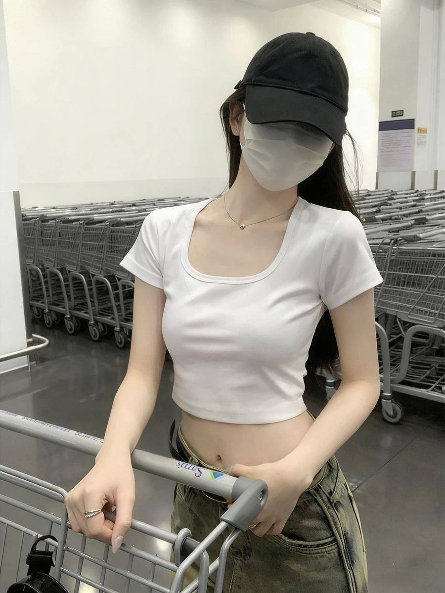 短款法式方领T恤，女士夏季短袖上衣，美式休闲白色 - 白色 - 查看 1