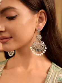 Farahzel 3pcs Set Rhinestone Inlaid Headband, Luxury Faux Pearl Pendant Earrings Jewelry Set, Suitable For Women's Daily, Party, Wedding Occasions - Head Chain + Earrings - View 3
