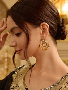 Farahzel 1pair Of Luxurious Exaggerated Vintage Bohemian Style Hollow Out Rhinestone Earrings, Perfect For Party, Women's Fashion Accessory - Gold - View 2