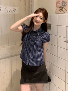 复古蓝色格子 Polo 领短袖衬衫 夏季 - 藍色 - 查看 2