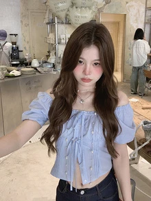 Áo sơ mi nữ tay ngắn cổ nơ, thích hợp cho mùa hè. - Màu xanh lam - Xem 2