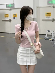 Summer Korean Style Elegant Button Design Simple Casual Short Sleeve T-Shirt For Women Pink - Pink - View 2