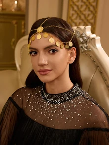 Farahzel 1件金色硬币流苏阿拉伯风格头链，女士珠宝配饰，适合派对、婚礼，可作为礼物送给她。 - 金色 - 查看 5