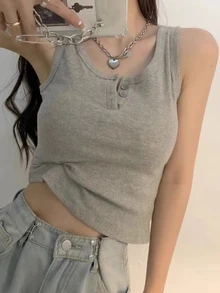 设计灵感独特露脐背心，夏季叠穿无袖韩版休闲吊带衫 - 灰色 - 查看 2