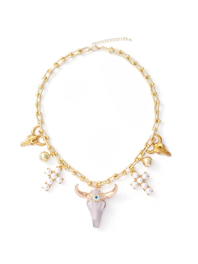 Trivaya 1 chiếc vòng cổ thời trang hình đầu bò trắng, sừng bò vàng, ngọc trai, thánh giá, quả cầu vàng, phù hợp cho nam và nữ, đeo hàng ngày và tụ tập