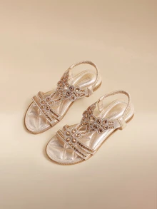 Glizzene Sandal Slingback Dekorasi Berlian Imitasi Metalik Wanita, Sandal Tali Pergelangan Kaki Luar Ruangan Modis - Rose Gold - View 1