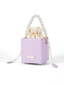 Mini Ruched Drawstring Box Pouch, Fashionable Drawstring Closure Handbag , Purple - Purple - View 2